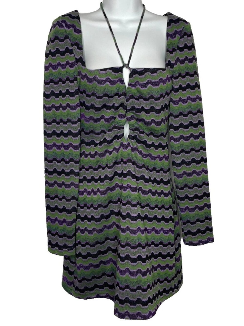 Vintage 90s Zara Keyhole Mini Dress Sz S Green Purple Metallic Flame Stitch